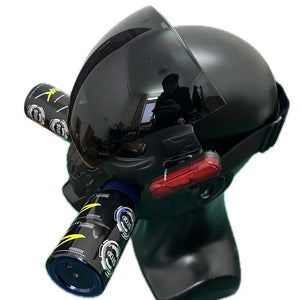 Black skull techwear mask with respirator canisters and red side lights
