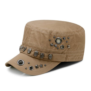 2025 Skull Rivets Vintage Hip Hop Punk Rock Flat Hats Men Women Tactical Techwear Style Fl - khaki