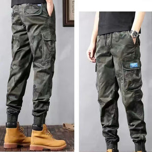 Army green camo cargo joggers side by side views, flap thigh pocket with a small blue woven label