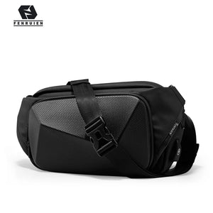 Black crossbody sling bag with angular panels and a wide adjustable strap
