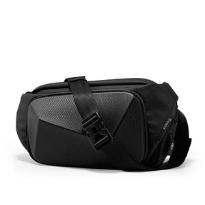 Black crossbody sling bag with angular panels and a wide adjustable strap