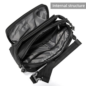 Black crossbody sling bag with angular panels and a wide adjustable strap