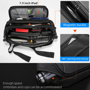 Black crossbody sling bag with angular panels and a wide adjustable strap