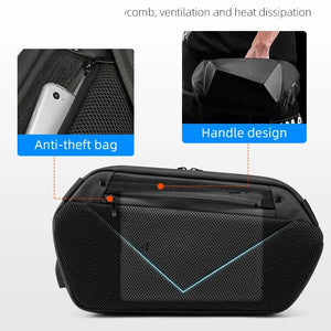 Black crossbody sling bag with angular panels and a wide adjustable strap