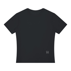 Black Slim Fit Athletic T Shirt laid flat, front view with crew neck and small light logo near the hem