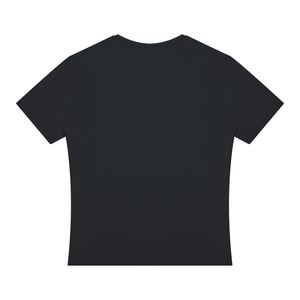 Black gym t-shirt laid flat from the back, plain back and short set-in sleeves