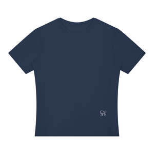 Navy Blue Slim Fit Athletic T Shirt laid flat, front view with crew neck and small logo near the hem