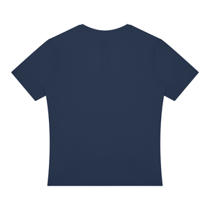 Navy Blue gym t-shirt laid flat from the back, clean back panel and straight hem