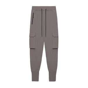 Dark Gray slim fit cargo joggers shown flat from the front, drawstring waist, zipped hip pocket and thigh pockets