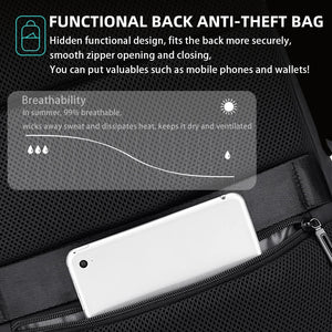 Slim black backpack with a 15.6 inch laptop sleeve and a flat front profile