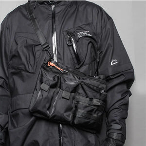 Black and army green slim messenger techwear bag in nylon