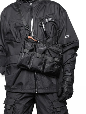 Black and army green slim messenger techwear bag in nylon
