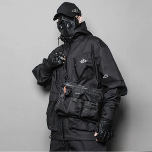 Black and army green slim messenger techwear bag in nylon
