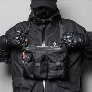 Black and army green slim messenger techwear bag in nylon