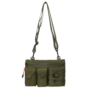 Black and army green slim messenger techwear bag in nylon