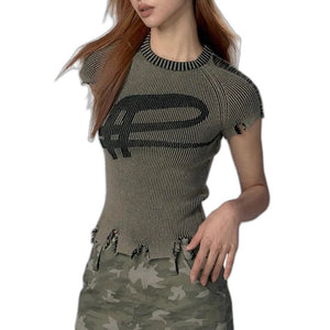 Slim Ribbed Y2k Streetwear Top - product view on white background