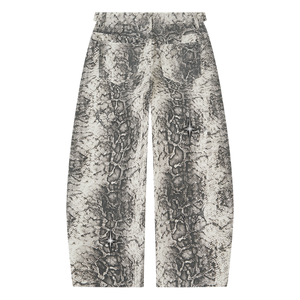 Back of the trousers laid flat, patch pockets set high and the scale print covering the seat
