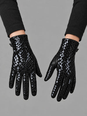Snakeskin Pattern Techwear Winter Gloves worn by a person, close-up on both hands, front view on a grey studio background