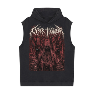 Snow Washed Gothic Hooded Vest laid flat, front view with the red reaper print under the blackletter logo