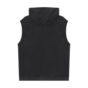 Back of the Snow Washed Gothic Hooded Vest laid flat, left plain with the hood down over the yoke seam