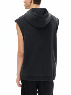 Close back view of the Snow Washed Gothic Hooded Vest on a model, showing the raw armhole and wide body