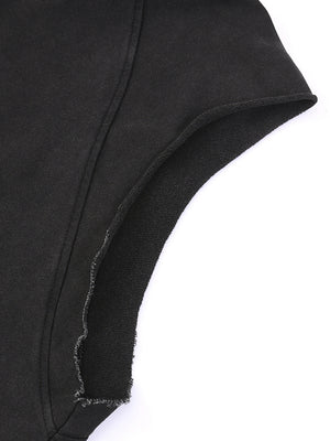 Raw cut armhole of the Snow Washed Gothic Hooded Vest, the fraying edge against the brushed inside