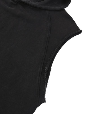 Shoulder of the Snow Washed Gothic Hooded Vest, raglan seam running from the hood into the raw armhole