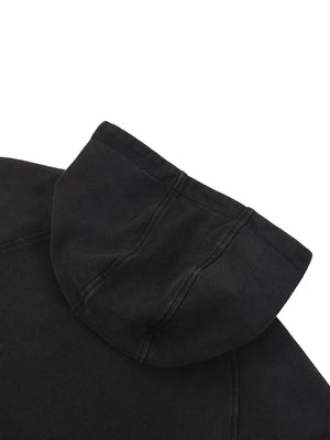 Hood of the Snow Washed Gothic Hooded Vest seen from above, its panel seams and faded washed black