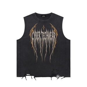 Black snow-washed tank laid flat, flame lettering printed in orange across the chest