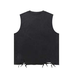 Back of the tank laid flat, plain, with the hem deliberately torn open along the bottom