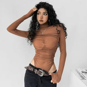Soft Buckle Gym Bodysuit — women's brown soft mesh gym bodysuit with adjustable buckle straps