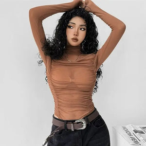 Soft Buckle Gym Bodysuit — women's brown soft mesh gym bodysuit with adjustable buckle straps