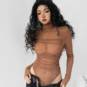 Soft Buckle Gym Bodysuit — women's brown soft mesh gym bodysuit with adjustable buckle straps