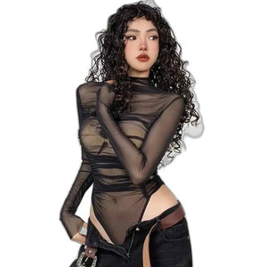 Soft Buckle Gym Bodysuit — women's brown soft mesh gym bodysuit with adjustable buckle straps