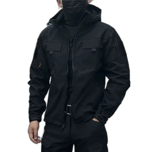 Black soft shell techwear jacket with fleece lining