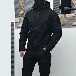 Black soft shell techwear jacket with fleece lining