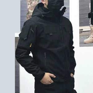 Black soft shell techwear jacket with fleece lining