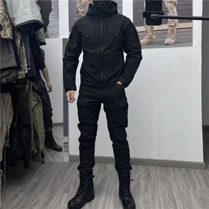 Black soft shell techwear jacket with fleece lining