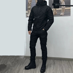 Black soft shell techwear jacket with fleece lining