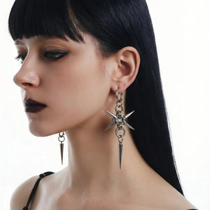 Stainless steel spike star earrings on a hoop with a dangling spike
