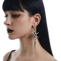 Stainless steel spike star earrings on a hoop with a dangling spike