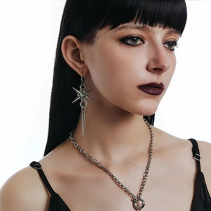 Stainless steel spike star earrings on a hoop with a dangling spike