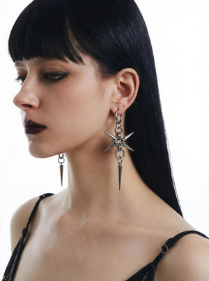 Stainless steel spike star earrings on a hoop with a dangling spike