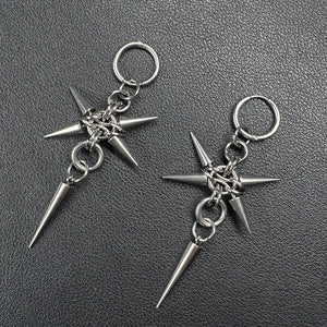 Stainless steel spike star earrings on a hoop with a dangling spike