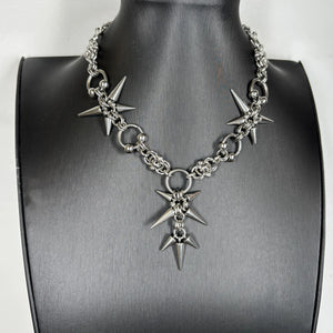 Stainless steel necklace with spiked star clusters on a chunky chain