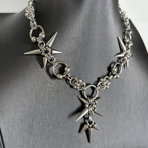 Stainless steel necklace with spiked star clusters on a chunky chain