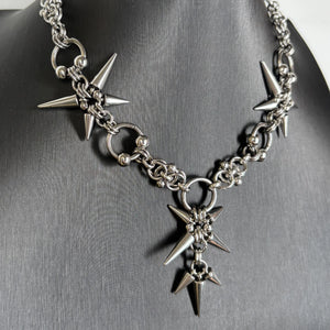 Stainless steel necklace with spiked star clusters on a chunky chain
