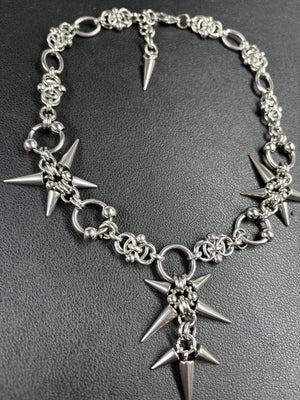 Stainless steel necklace with spiked star clusters on a chunky chain