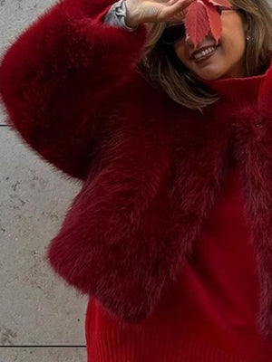 Spring Jacket Women Red Faux Fur