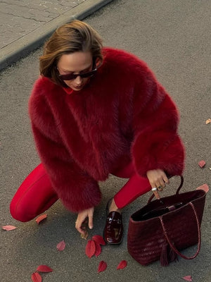 Spring Jacket Women Red Faux Fur